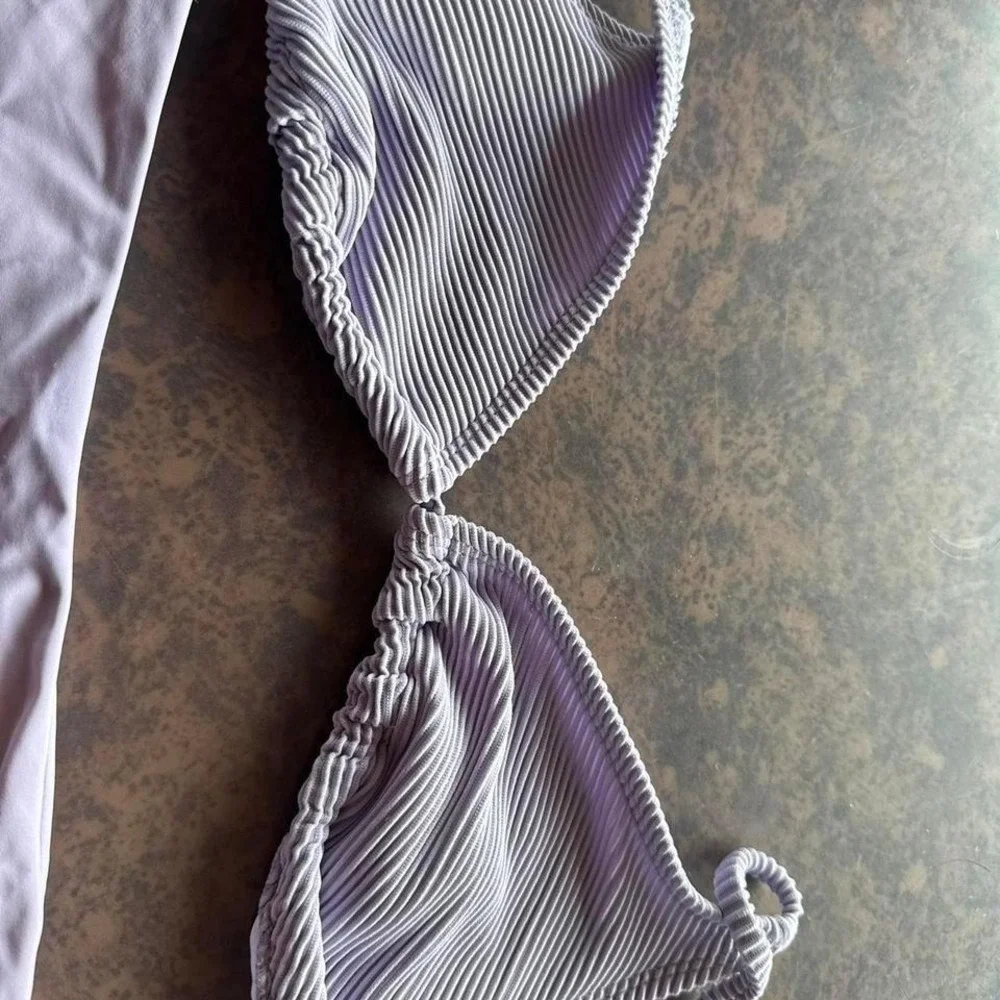 Lavender Lilac Ribbed Triangle‎ Bikini Set High Leg Two Piece Swimsuit Womens
